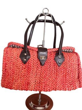 Matt & Nat Montreal Coral Woven Straw Handbag Faux Leather & Gingham Lining